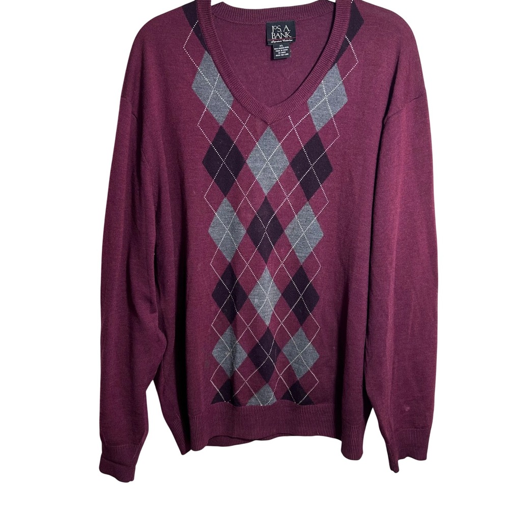 Jos A Bank Signature Collection Merino Wool Argyle V Neck Sweater XL *FLAW*